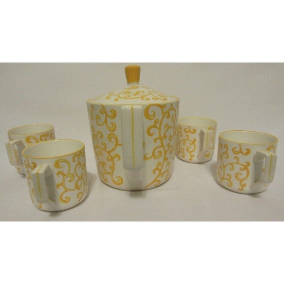 Pier 1 Imports Porcelain Teapot Set 4 Cups Hand Painted Yellow Scroll Modern - Picture 6 of 12